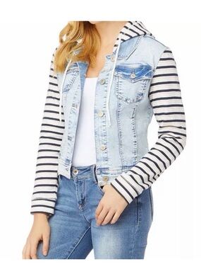 Wallflower Juniors Denim Jacket with Striped Sleeves